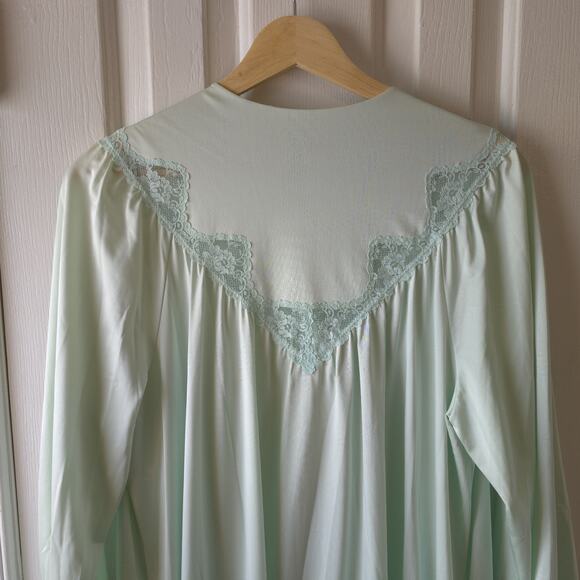 Shadowline Vintage Full Robe Mint Green Lace Trim Floral Size Large Long Sleeve - Picture 6 of 9